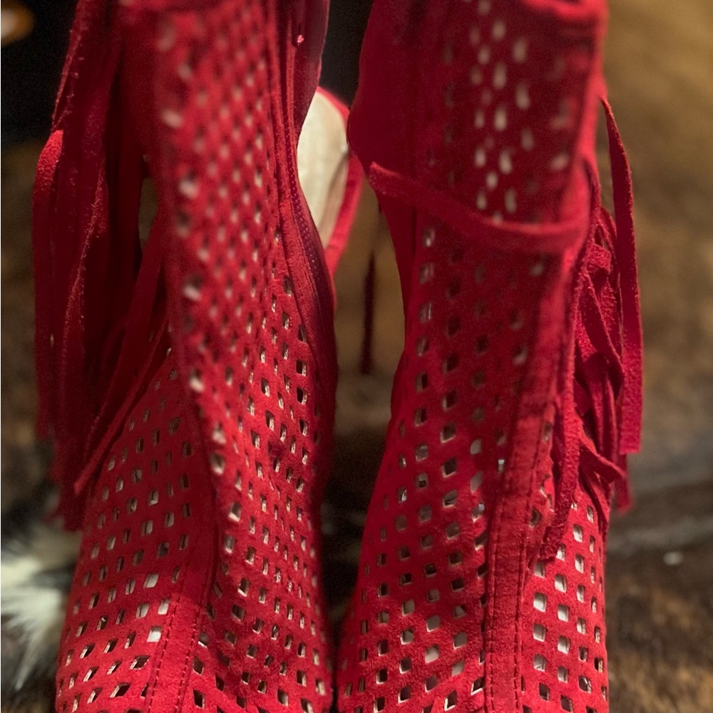 Red Perforated Fringe Boots